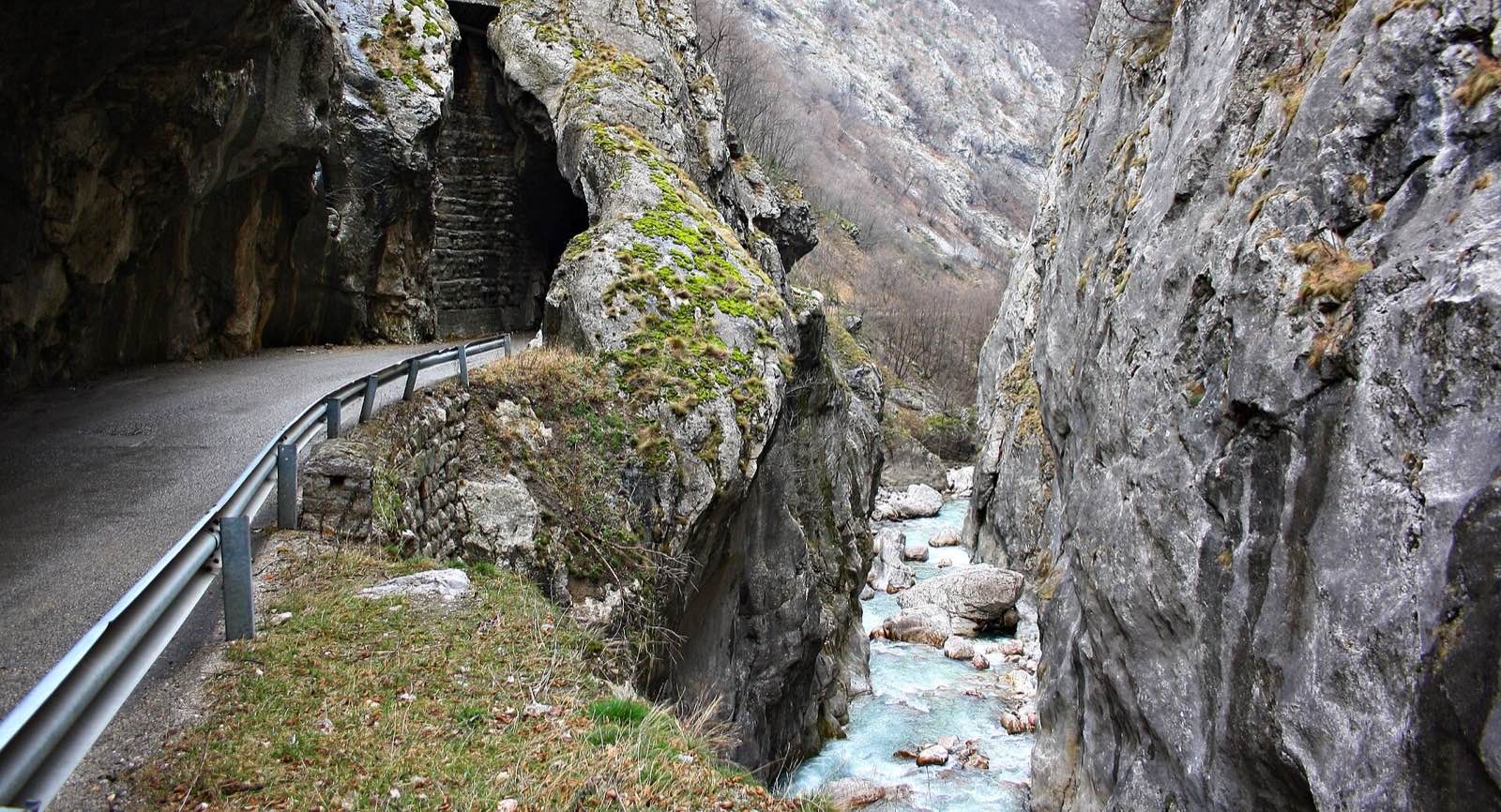 Sheer canyon walls with the road threading through